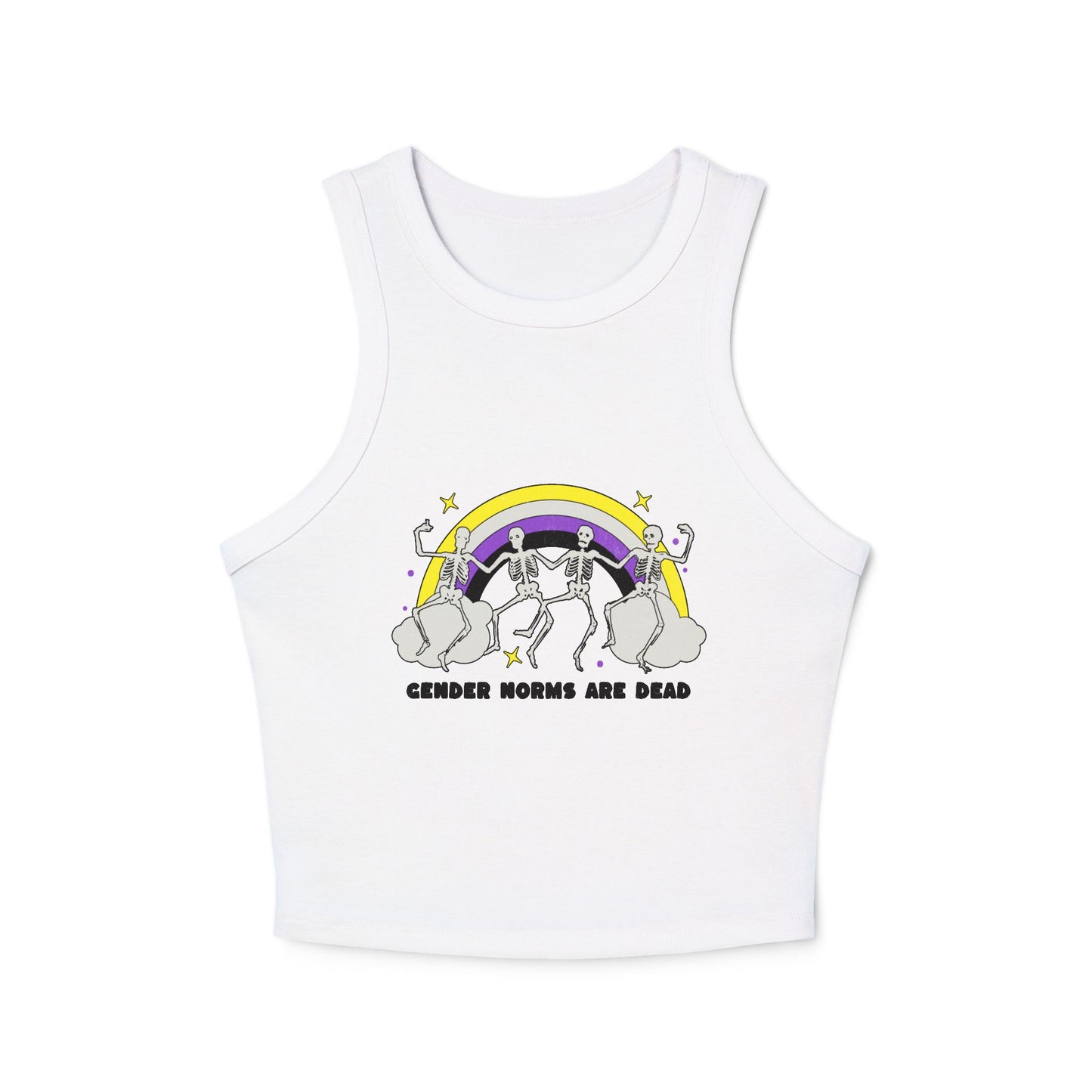 White high-neck crop tank top with dancing skeletons under a nonbinary pride rainbow and text “Gender Norms Are Dead”