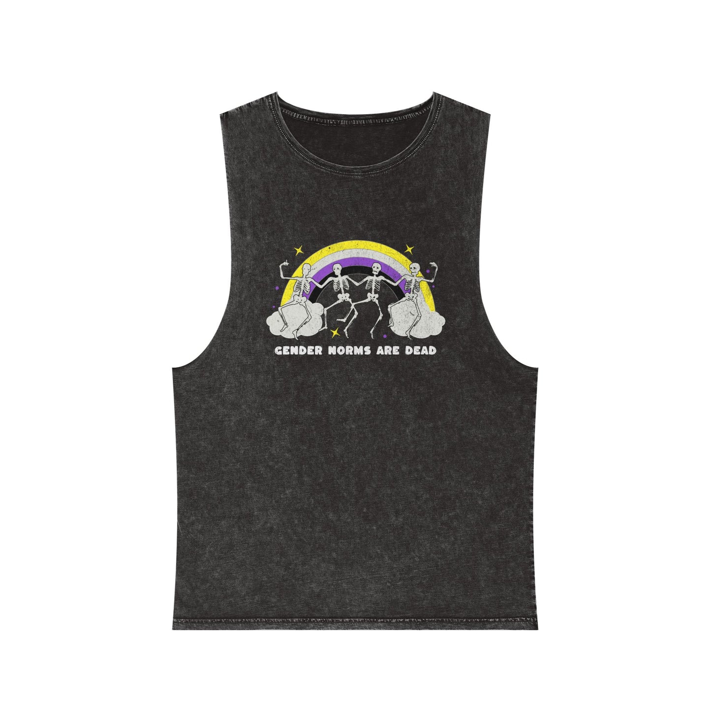 Black stonewashed tank top with skeletons under a nonbinary pride rainbow and text “Gender Norms Are Dead” in white