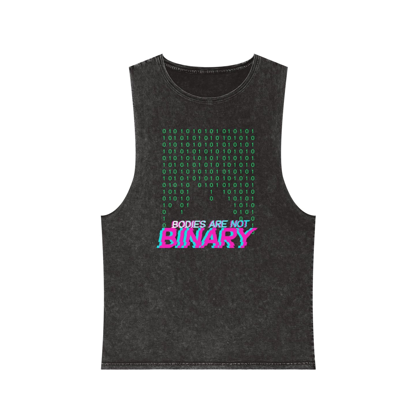 Dark dray stonewash tank top with green binary code and “Bodies Are Not Binary” in bold pink glitch font