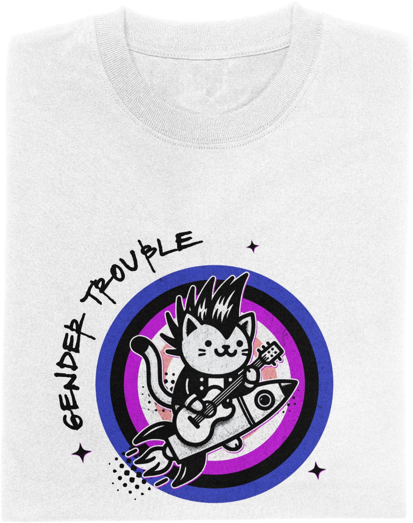 White t-shirt with a graphic design featuring a cat playing guitar on a genderfluid pride flag, with text 'GENDER TROUBLE'.