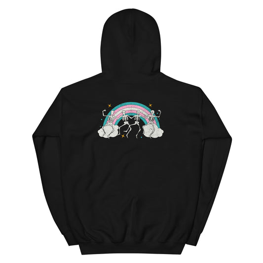 Back of black hoodie with rainbow and skeletons dancing design