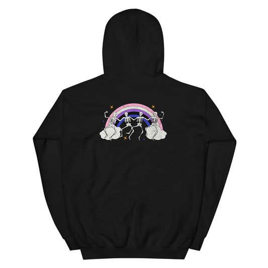 Back of hoodie with skeletons and genderfluid rainbow design