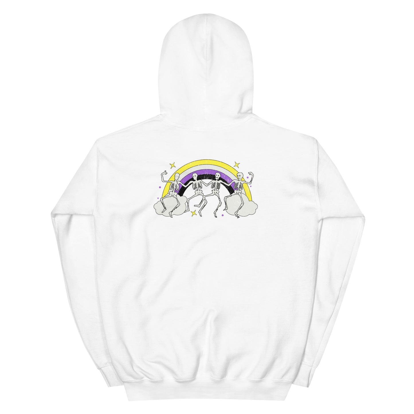Back of hoodie with dancing skeletons and nonbinary rainbow