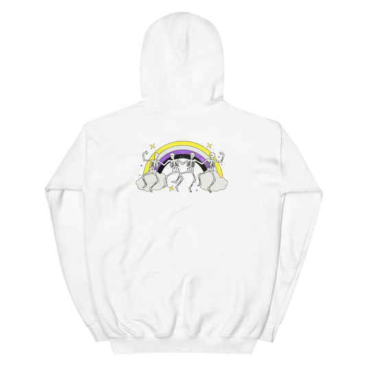 Back of hoodie with dancing skeletons and nonbinary rainbow