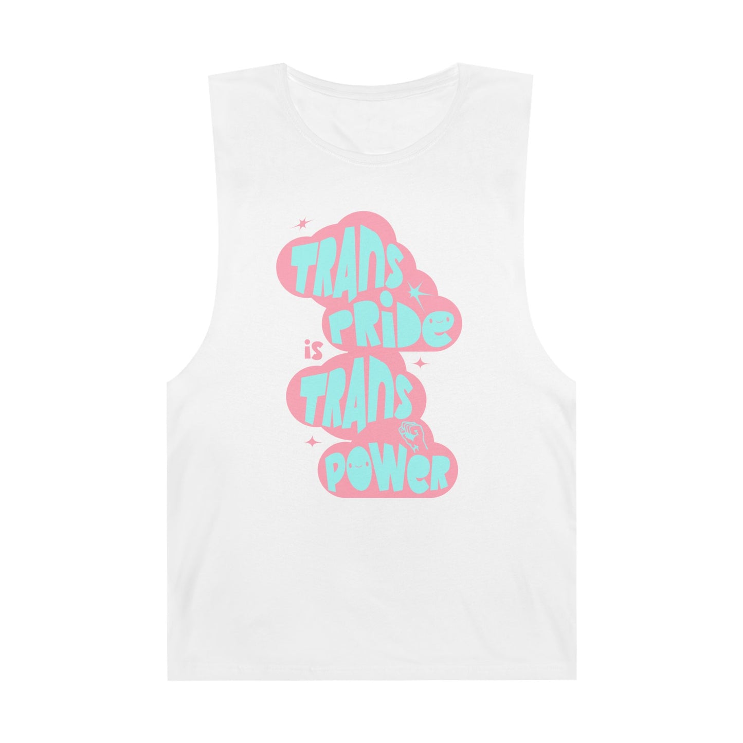 White tank top with pink and blue retro-style text reading “Trans Pride is Trans Power” in playful bubble letters