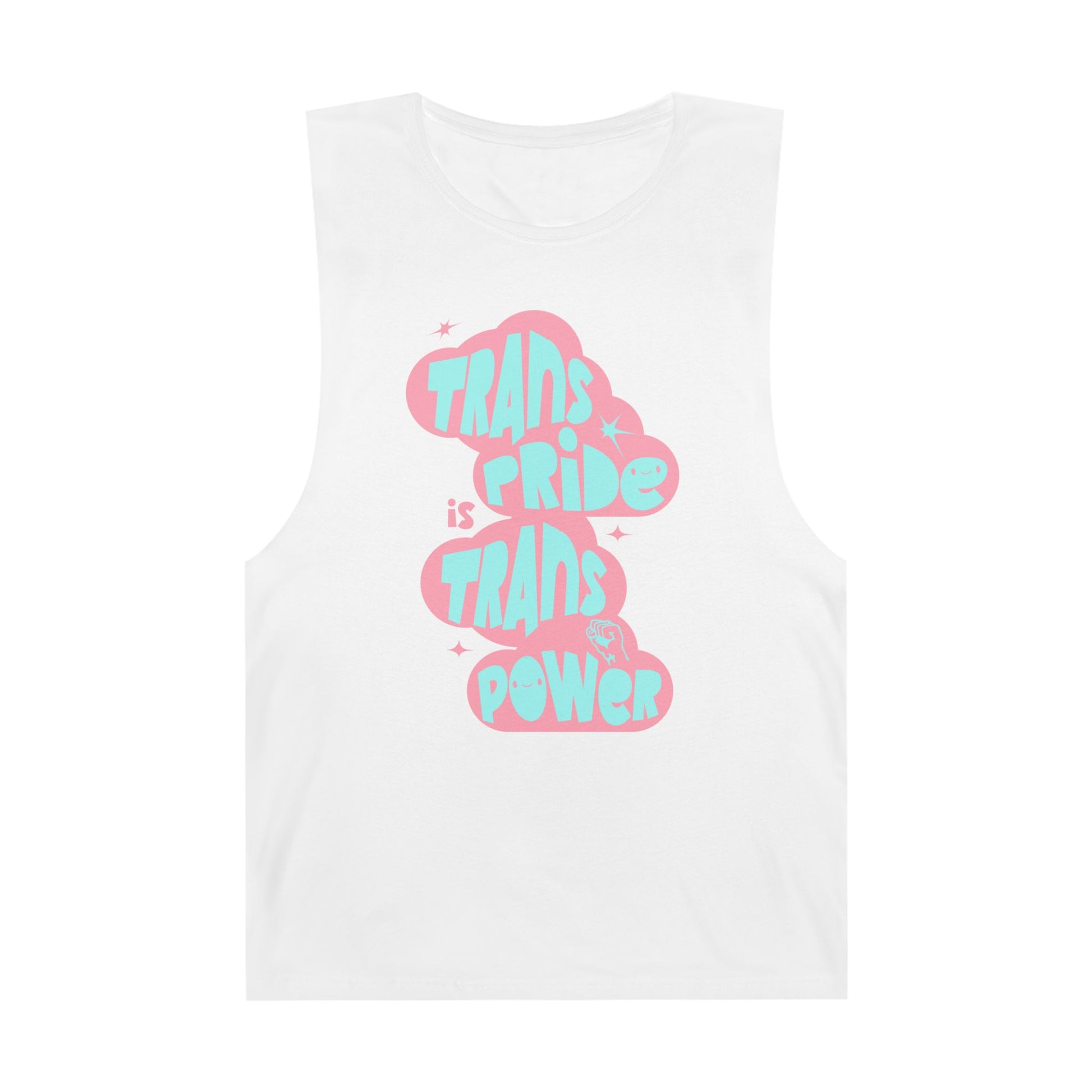 White tank top with pink and blue retro-style text reading “Trans Pride is Trans Power” in playful bubble letters