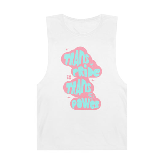 White tank top with pink and blue retro-style text reading “Trans Pride is Trans Power” in playful bubble letters