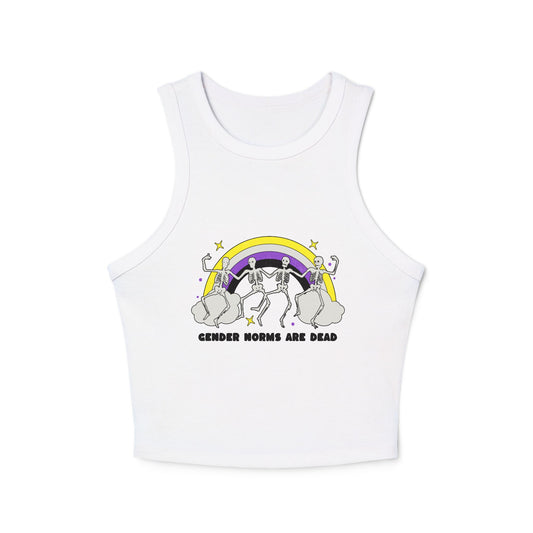 White high-neck crop tank top with dancing skeletons under a nonbinary pride rainbow and text “Gender Norms Are Dead”