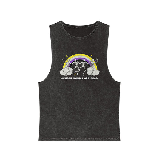 Black stonewashed tank top with skeletons under a nonbinary pride rainbow and text “Gender Norms Are Dead” in white