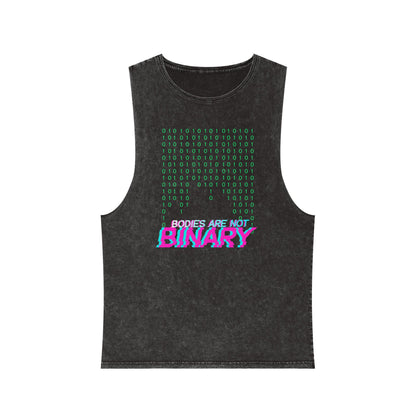 Dark dray stonewash tank top with green binary code and “Bodies Are Not Binary” in bold pink glitch font