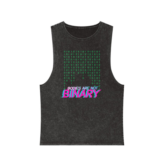 Dark dray stonewash tank top with green binary code and “Bodies Are Not Binary” in bold pink glitch font
