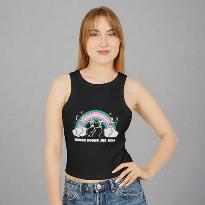 Black fitted racerback tank top with pastel trans pride rainbow and skeletons, text reads “Gender Norms Are Dead”