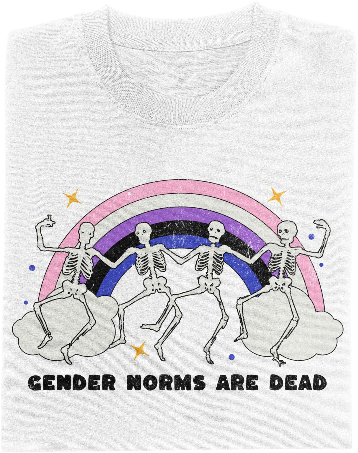 White t-shirt with “Gender Norms Are Dead” design featuring dancing skeletons under a genderfluid rainbow.