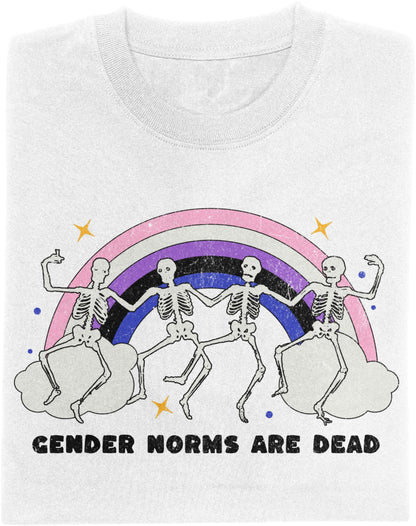 White t-shirt with “Gender Norms Are Dead” design featuring dancing skeletons under a genderfluid rainbow.
