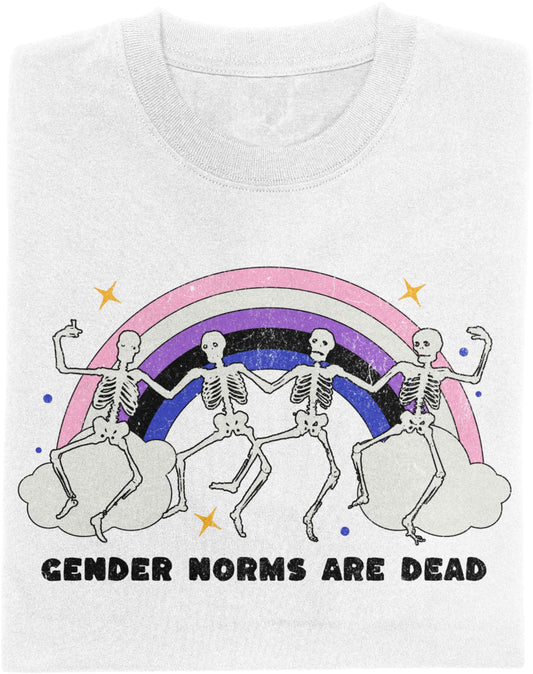 White t-shirt with “Gender Norms Are Dead” design featuring dancing skeletons under a genderfluid rainbow.