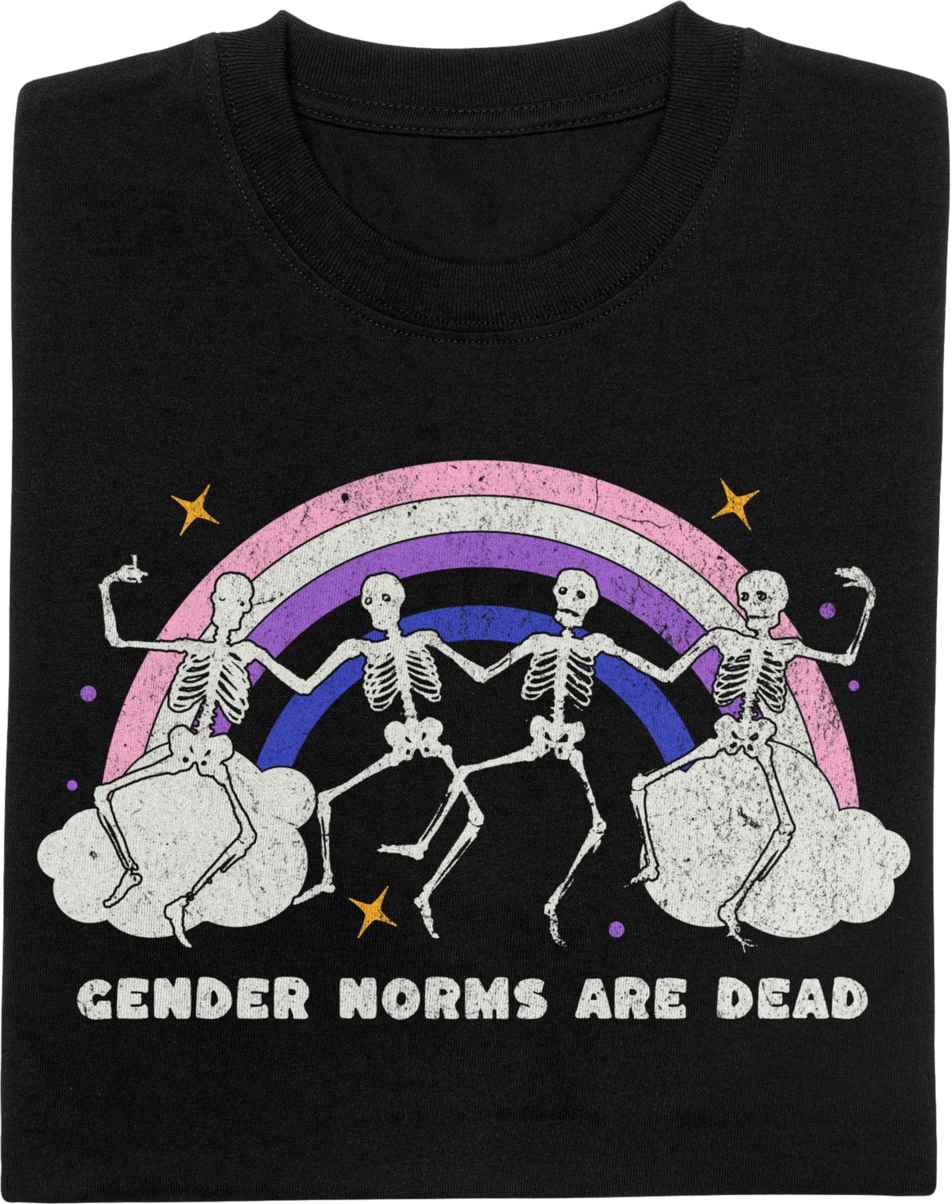 Black t-shirt with skeletons, rainbow, and 'Gender Norms Are Dead' text.