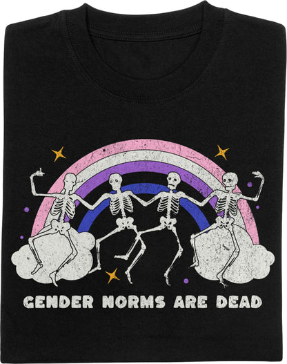 Black t-shirt with skeletons, rainbow, and 'Gender Norms Are Dead' text.