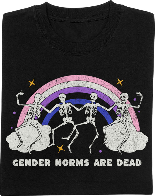 Black t-shirt with skeletons, rainbow, and 'Gender Norms Are Dead' text.