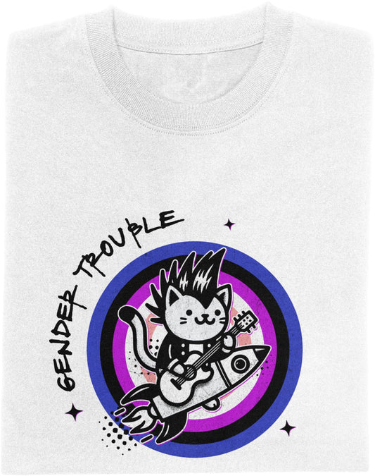 White t-shirt with a graphic design featuring a cat playing guitar on a genderfluid pride flag, with text 'GENDER TROUBLE'.