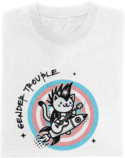 White t-shirt with a graphic design of a cat playing guitar on a rocket, surrounded by text 'GENDER TROUBLE'.