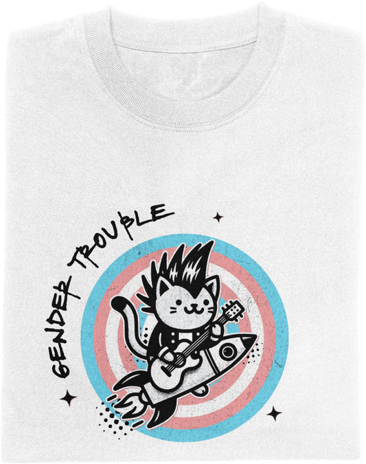 White t-shirt with a graphic design of a cat playing guitar on a rocket, surrounded by text 'GENDER TROUBLE'.