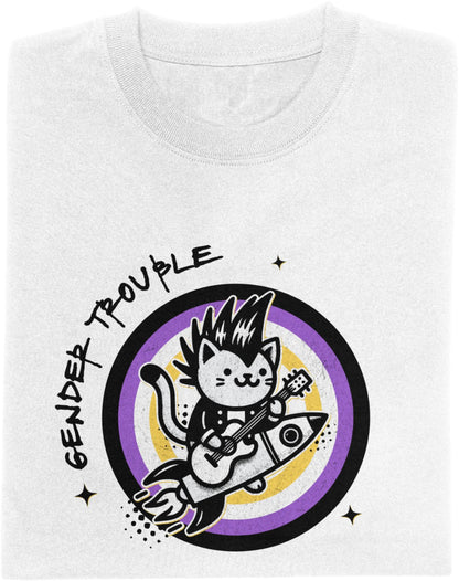 Illustration of a punk cat with a mohawk playing guitar while riding a rocket, surrounded by concentric nonbinary pride flag rings, with the text “Gender Trouble.”