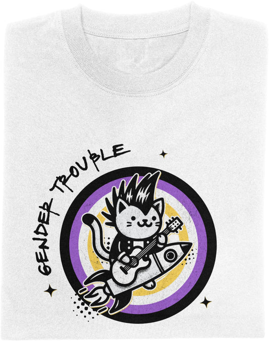 Illustration of a punk cat with a mohawk playing guitar while riding a rocket, surrounded by concentric nonbinary pride flag rings, with the text “Gender Trouble.”