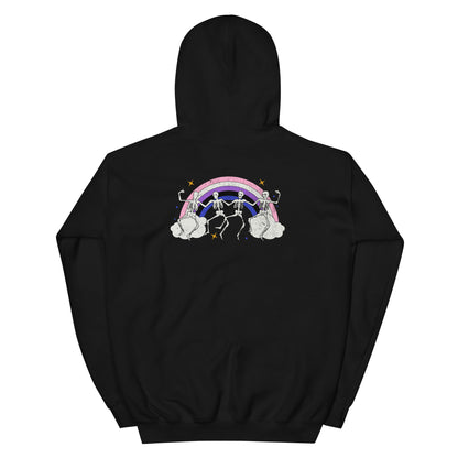 Back of hoodie with skeletons and genderfluid rainbow design