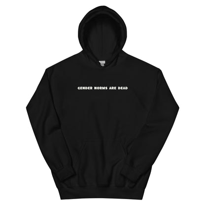 Front of black hoodie with text “Gender Norms Are Dead”