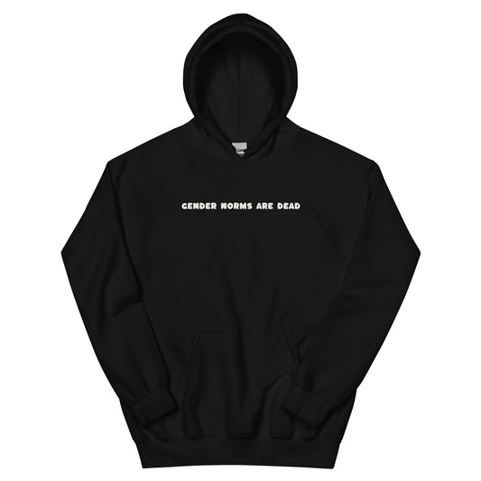 Front of black hoodie with “Gender Norms Are Dead” text