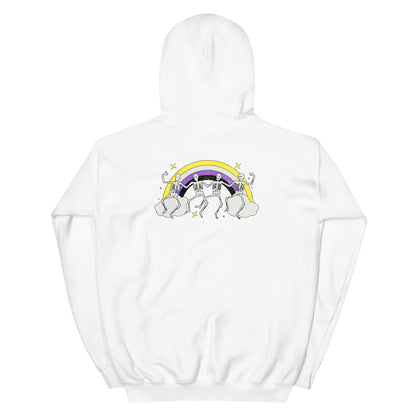 Back of hoodie with dancing skeletons and nonbinary rainbow